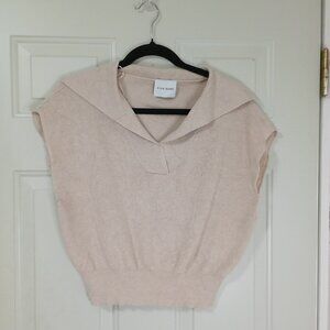 Pink Rose Sweater Vest Beige Knit Sleeveless With Collar Womens L